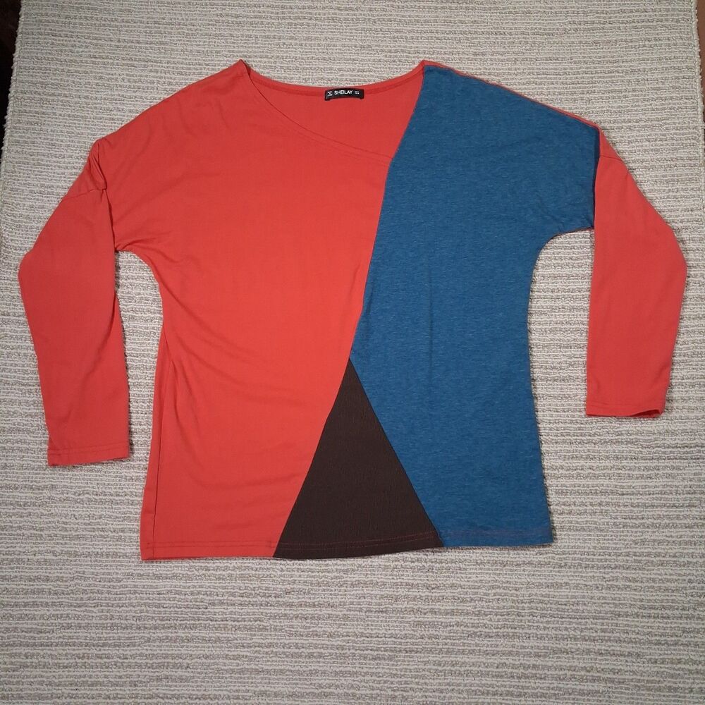 SHEILAY Womens Top Medium Red Blue Black Colorblock Long Sleeve Drop Shoulder...